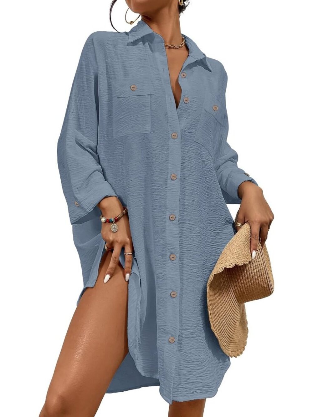 Women's Dusty Blue Polyester Button Down Shirt Cover Up Beach Swimsuit Cover Up